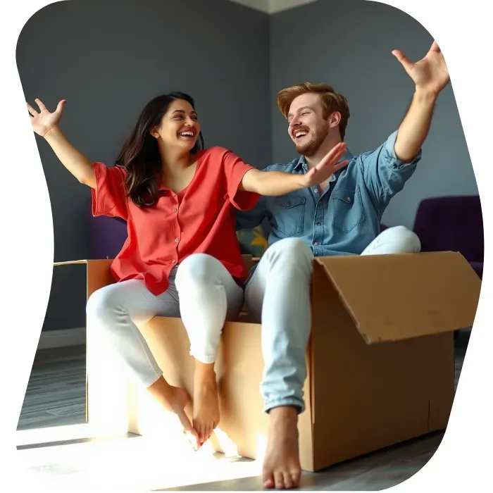 Two guys sitting on the floor of their apartment with Muval moving boxes